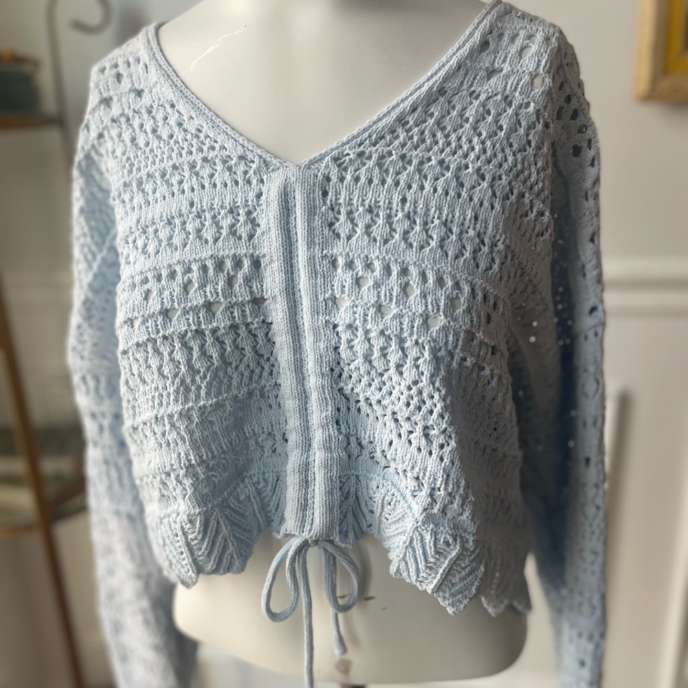 Sky Blue Crochet Cropped Sweater - Picture 2 of 5